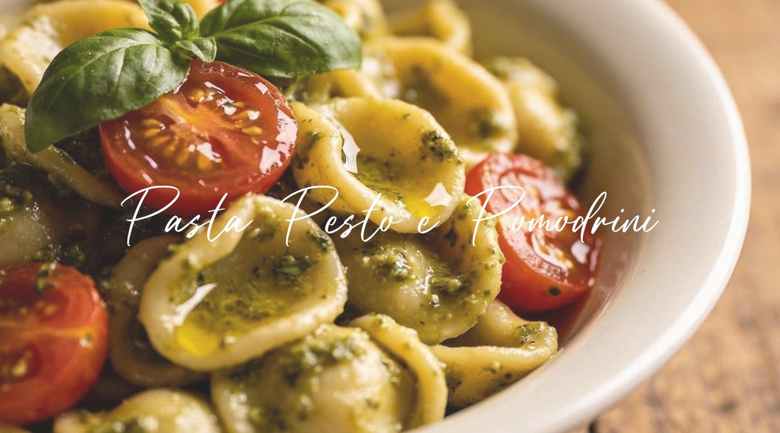 Easy Italian Pasta Pesto e Pomodorini recipe with orecchiette, cherry tomatoes, Genovese pesto and extra virgin olive oil—ready in minutes.