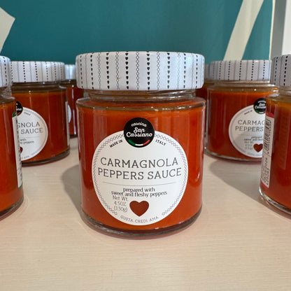 Carmagnola peppers sauce in a jar 190g – authentic Italian condiment made with sweet Carmagnola peppers, ideal for pasta, bruschetta, and gourmet recipes.